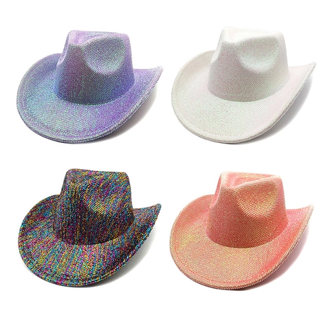 Glitter Sequin Western Cowboy Hat Sparkle Wide Brim Holographic Metallic Festive Party Stage Performance Unisex Accessory