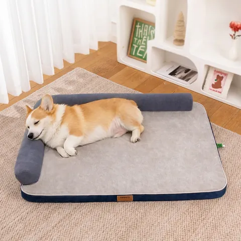 Pet Sofa Bed L-Shaped Bolster Orthopedic Egg Crate Foam Washable Plush Denim Dog Cat Indoor Couch Sleeping Pad