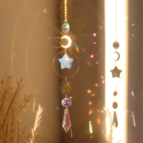 Natural Agate Crystal Suncatcher Star Moon Sun Prism Hanging Ornament Window Garden Home Decor Rainbow Maker Light Catcher