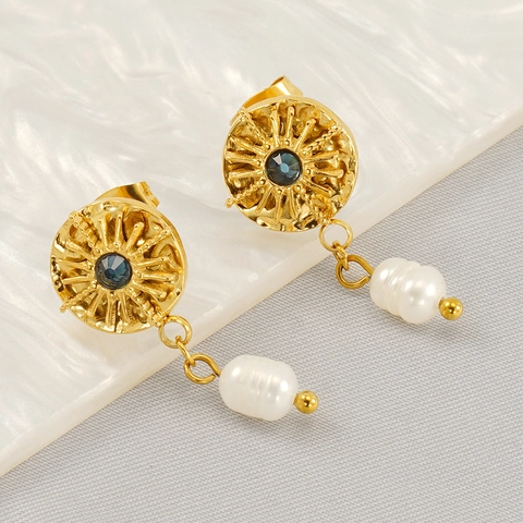 Vintage Sonnenstrahl Runde Scheibe Hängeohrringe 18K Vergoldeter Edelstahl Mit Blauem Strass Weißer Künstliche Perle Für Damen