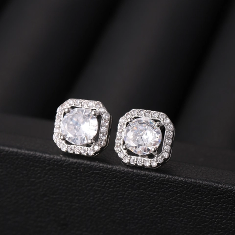 Vierkante Zirconia Oorknopjes Voor Dames Koper Halo-ontwerp Ronde Hoofdsteen Roestvrijstalen Stift Elegante Bruiloft Sieraden