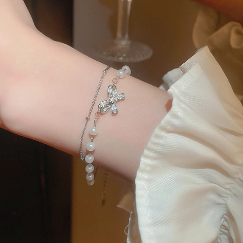 Double Layer Bowknot Artificial Pearl Bracelet Zircon Inlaid Alloy Sweet Elegant Adjustable Chain Hand Jewelry For Women