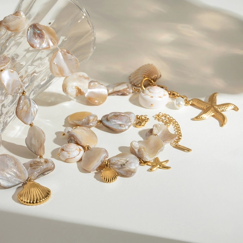 Juego De Collar Y Pulsera De Concha Y Estrella De Mar De Acero Inoxidable Chapado En Oro De 18K Joyas De Playa Para Mujeres