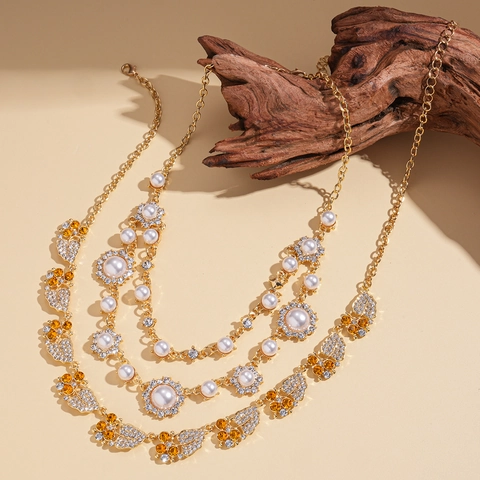 Mehrlagige Halskette Für Damen Mit Legierung Kunstperle Strass Zirkon Blatt Geometrisch Vintage Palast Stil Elegantes Juwel