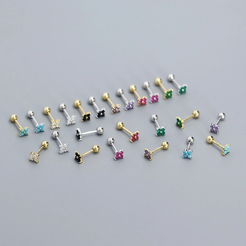 925 Sterling Silver Clover Flower Zircon Screw Back Cartilage Piercing Stud Earrings For Women