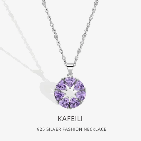 Purple Zircon Heart Circular Pendant Necklace With 925 Sterling Silver Chain Elegant Trendy Jewelry For Women