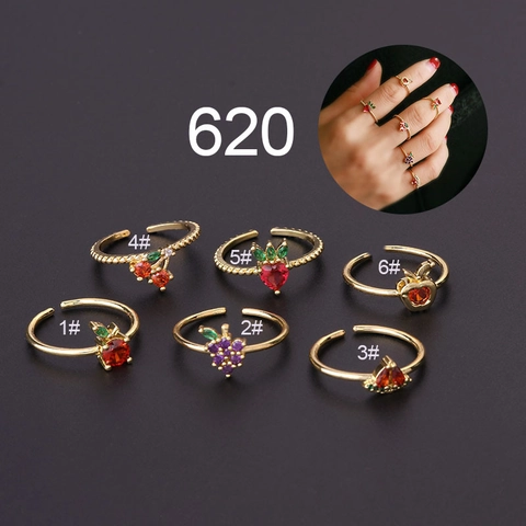 Frucht Verstellbarer Ring Bunter Zirkon Kupfer Metall Süße Erdbeere Traube Kirsche Schmuck Für Frauen Mode