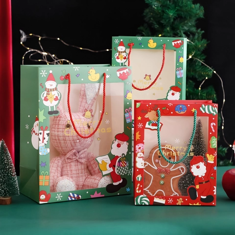 Bolsas De Regalo De Navidad Cartón Blanco Portátil Ventana Transparente Patrones Papá Noel Muñeco De Nieve Envoltorio Fiesta