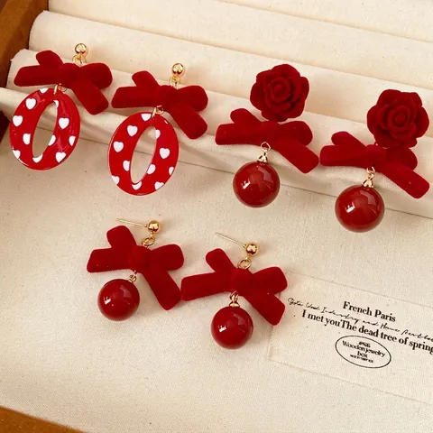 Red Flocking Bowknot Rose Drop Earrings With Silver Earring Post French Retro Style Elegant Heart Pattern Festive Jewelry