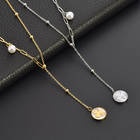 Clover Flower Pendant Necklace Stainless Steel White Shell Artificial Pearl Tassel Adjustable Y Shape Elegant Jewelry For Women Girls