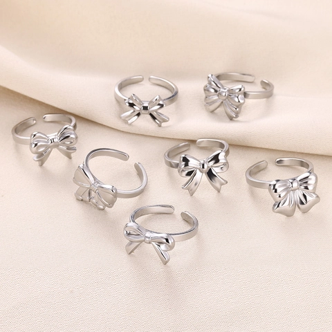 Bowknot Ring Stainless Steel Adjustable Open Band Minimalist Chic Jewelry For Women Elegant Gift