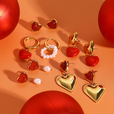 Edelstahl Rote Herz Künstliche Perle Ohrringe Für Damen Vintage Emaille Ohrstecker Wasserdicht Schmuck Geschenk