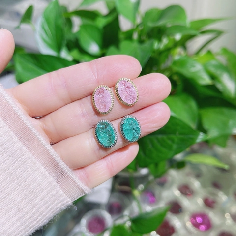 Ovale Druzy Crackled Kristal Oorknopjes Retro Koperen Sieraden Voor Dames Met 925 Sterling Zilveren Oorpootje