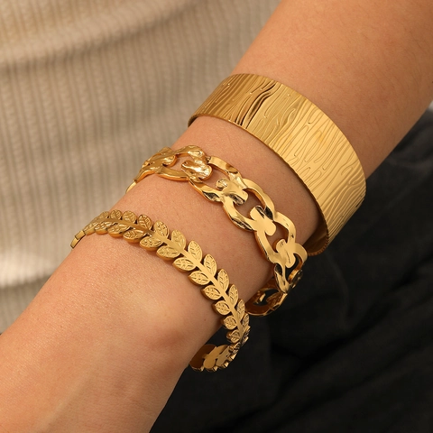 Edelstahl Gold Überzug Offener Armreif Blatt Rinde Textur Überkreuztes Design Armband Damen Herren Minimalistisch