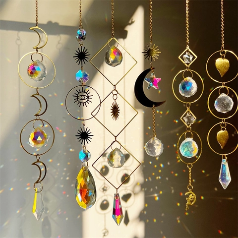 Crystal Suncatcher Hanging Ornament Gold Metal White Crystal Rainbow Maker Faceted Prisms Moon Star Sun Window Garden Home