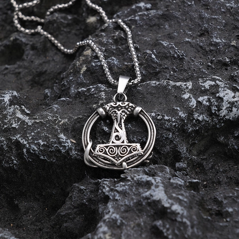 Mjolnir Viking Hammer Pendant Necklace Stainless Steel Rune Retro Polished Nordic Amulet Jewelry For Men