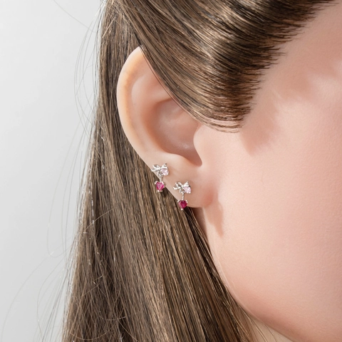Titanium Steel Cartilage Piercing Stud Earring Pink Zircon Bow Red Heart Pendant Screw Back Sweet Body Jewelry