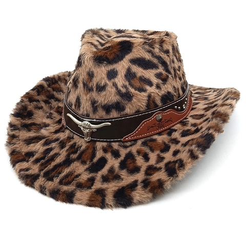 Cappello Da Cowboy In Pelliccia Sintetica Leopardata Stile Western Tesa Larga Testa Di Toro Decorazione In Metallo Fascia In Pelle PU Rivettata