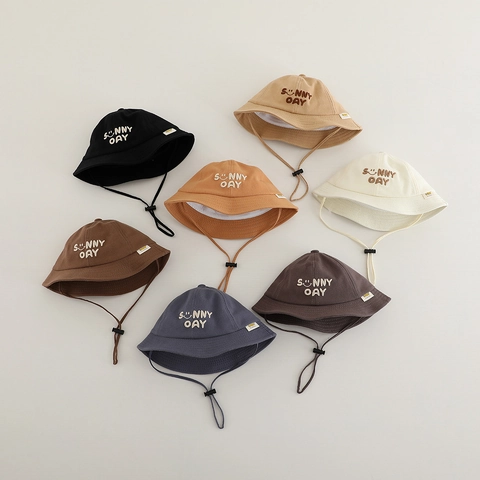 Cappello Pescatore Bambini Misto Cotone Protezione Solare Traspirante Ricamo Sunny Day Smiley Cordino Antivento Regolabile