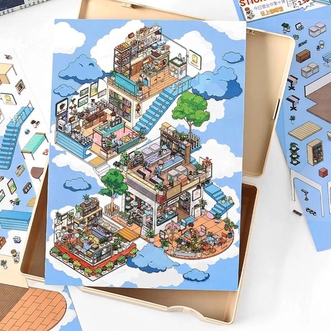 Deco Scene Stickers PET Cardboard 2.5D Isometric DIY Scrapbooking Architectural Illustration Journal Decoration