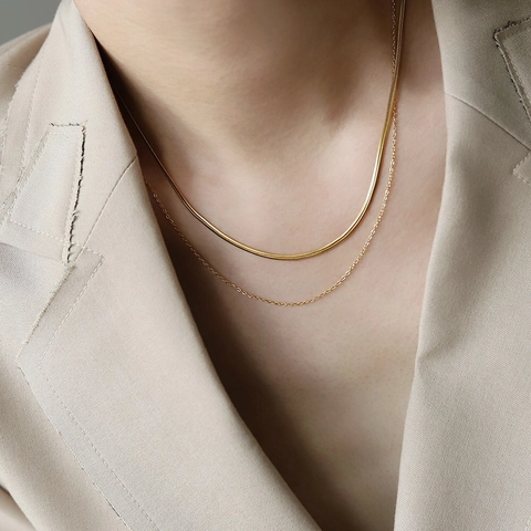 Collana Minimalista a Doppio Strato a Lisca di Pesce Placcata Oro 18K Acciaio al Titanio Gioielli da Donna per Ogni Giorno