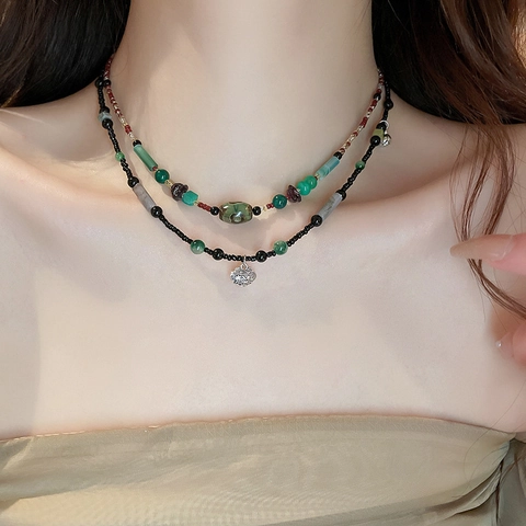 Alloy Natural Stone Beaded Necklace Ethnic Pingan Lock Lotus Pendant Vintage Choker Clavicle Chain Women Accessory