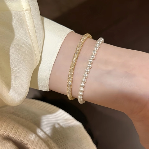 Women Mesh Tube Bracelet Inlaid With Shimmering Zircon Gold Silver Plated Elegant Adjustable Jewelry Accessory Fashion