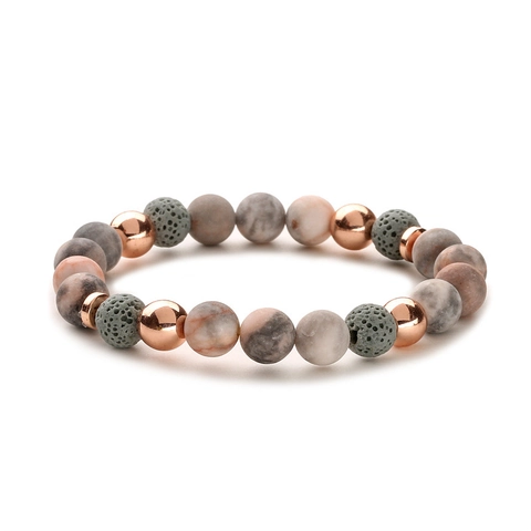Natural Stone Beaded Bracelet Pink Zebra Jasper Lava Rock Alloy Heart Lock Key Pendant Couples Jewelry Trendy