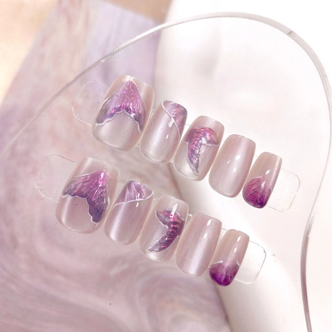 Handmade Press On Nails Mermaid Tail Design Cat Eye Purple Aurora Pearlescent Artificial Fake Nails For Women