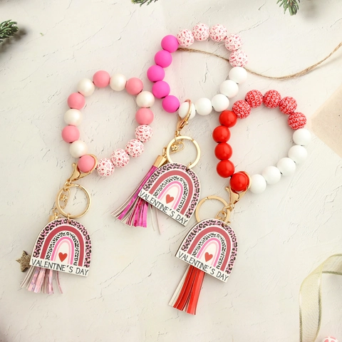 Portachiavi Bracciale a Perline per San Valentino Donna Cinturino in Silicone e Legno con Nappa Arcobaleno Ciondolo Leopardo Regalo
