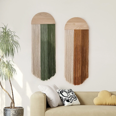Boho Macrame Wall Hanging Handwoven Cotton Rope Tapestry With Semicircle Wood Board For Living Room Home Decor