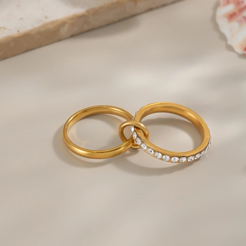 Interlocking Double Layer Ring Stainless Steel 18K Gold Plated Cubic Zirconia Pavé Geometric Minimalist Finger Jewelry