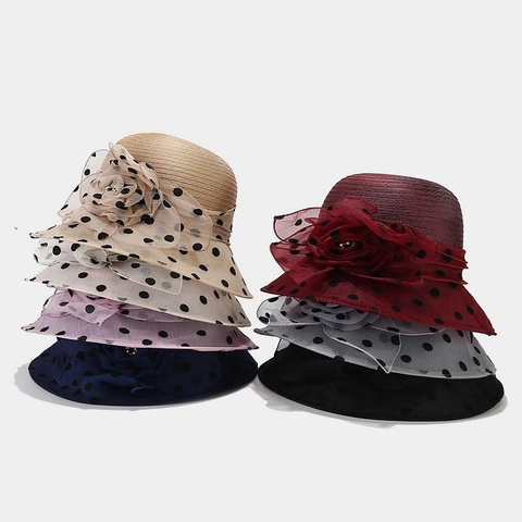 Damen Fischerhut Elegant Organza Blume Polka Dot Netz Atmungsaktiv Sonnenschutz Retro Stil