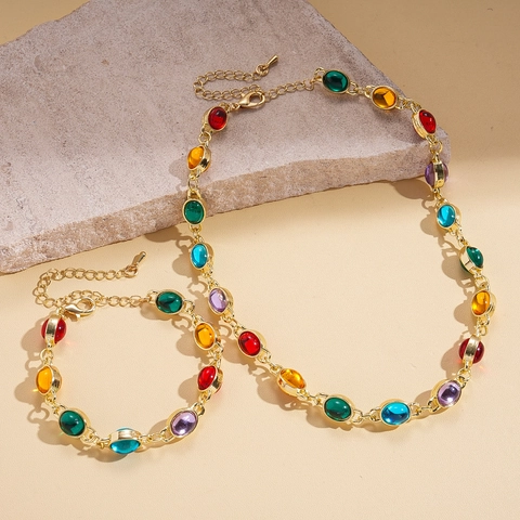 Collana E Bracciale Etnici Vintage Lega Resina Colorata Giuntata Ovale Catena Dorata Gioielli Bohémien Per Donne