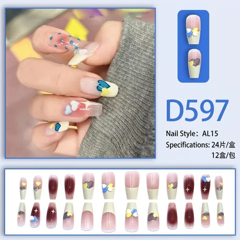 Unghie Finte Lunghe Coffin Press On Cuore 3D Stella Gradiente French Tip Plastica ABS Stile Dolce Carino Y2K Rimovibili