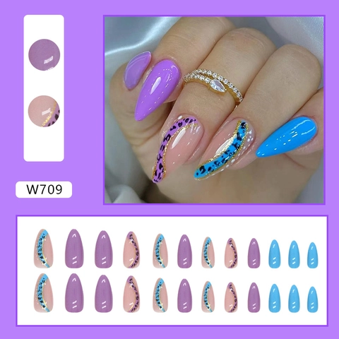 Press On Nails Almond Shape Leopard Print Blue Purple Wavy Pattern Gold Glitter Line Artificial False Nails For Women