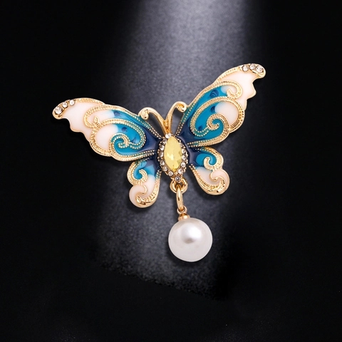 Spilla Farfalla Pin Lega Ali Smalto Decorazione Strass Pendente Perla Artificiale Gioielli Eleganti Vintage Donne