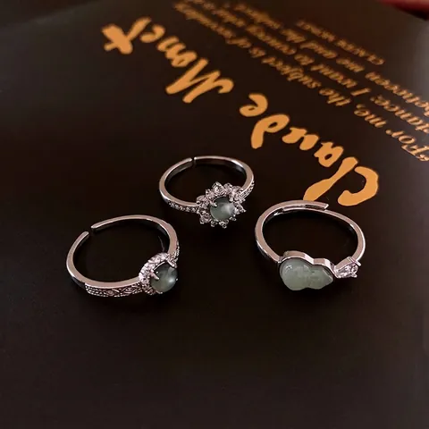 Anello Regolabile Vintage Nuovo Stile Cinese Rame Zircone Giada Imitazione Verde Fiore Anello Aperto Per Donna Lusso