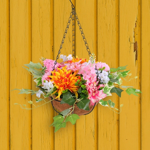 Artificial Hanging Flower Basket With Satin Chrysanthemum Dahlia Ivy Vines Coir Liner Metal Chain For Patio Wall Decor