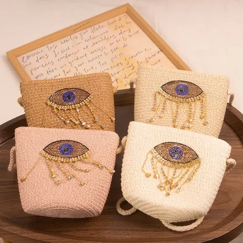 Straw Woven Crossbody Bag With Rhinestone Evil Eye Tassels Zipper Mini Summer Beach Purse For Girls