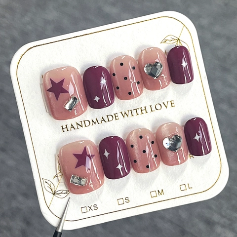Handgemaakte Press On Nagels Kattenoog Effect Hart Ster Rijnsteen Polka Dot Zoete Stijl Herbruikbare Kunstnagels Voor Vrouwen