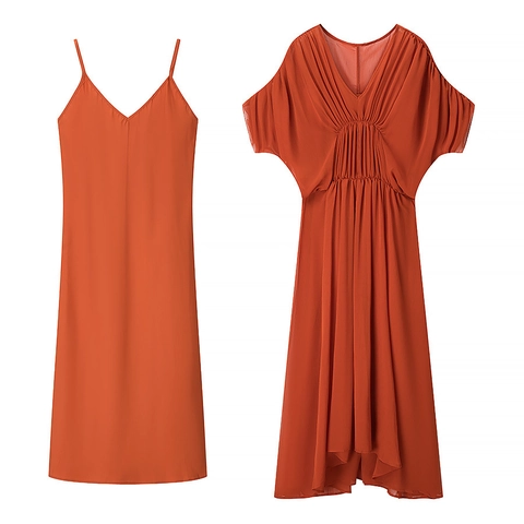 Damen Elegantes V Ausschnitt Fledermausärmel Raffkleid Und Unterkleid Einfarbig Polyester Chiffon Maxilänge