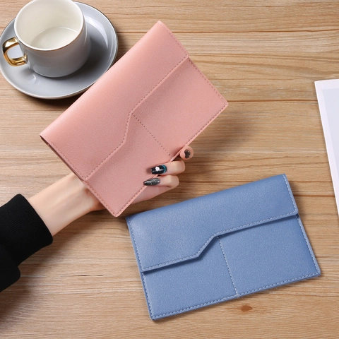 Solid Color PU Leather Envelope Slim Wallet Multi Card Slot Passport Holder Travel Phone Pouch For Women Men