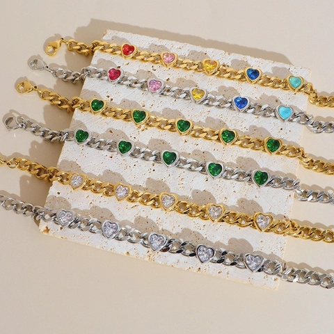 Heart Bracelet Stainless Steel Colorful Zircon Cuban Chain Sweet Fashion Jewelry For Women
