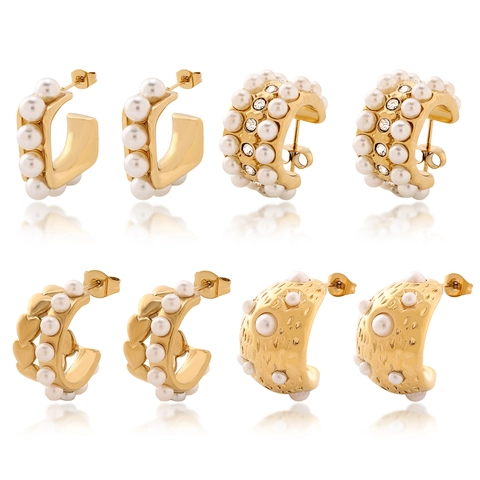 18K Gold Plated Stainless Steel Artificial Pearl Earrings C Shaped Hoop Studs French Elegant Luxury Jewelry For Women