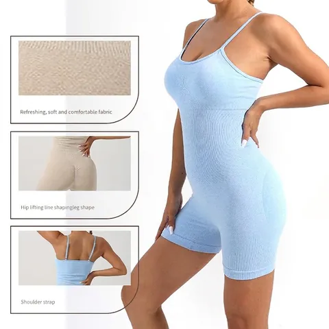 Women Seamless Yoga Romper Jumpsuit Ribbed Spaghetti Strap Bodycon Athletic Fitness Bodysuit With Removable Pads