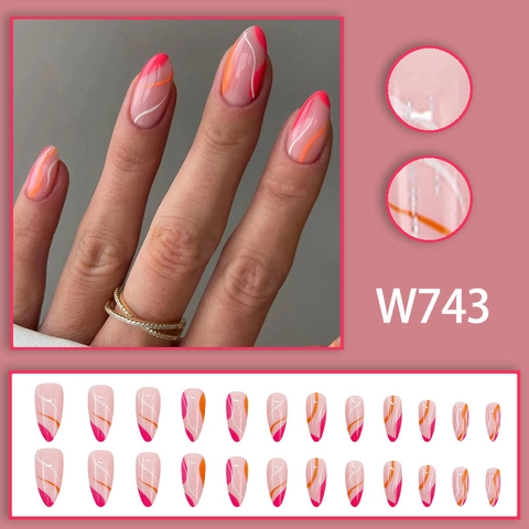 Amandelvorm Plaknagels Met Golvend Strepenpatroon Rozerood Oranje Wit Glanzend Lange Kunstnagels Voor Vrouwen
