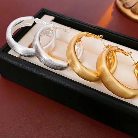 Chunky Hoop Earrings Brushed Metal Geometric Matte Gold Plated Minimalist Fashion Accessory With Silver Earring Post