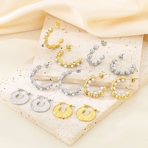 C Shape Hoop Earrings With Shell Artificial Pearls Stainless Steel 18K Gold Plated Textured Retro Fashion Jewelry For Women