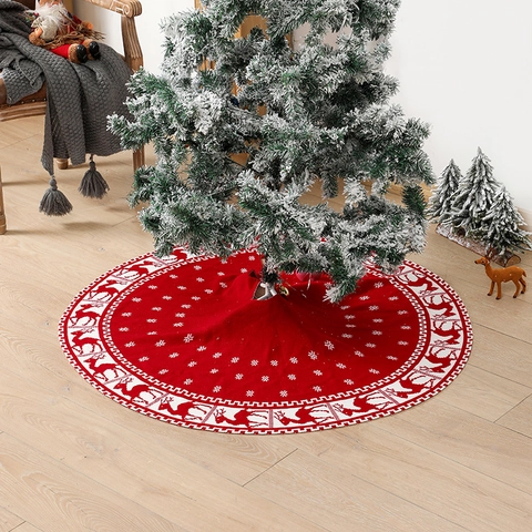 Knitted Christmas Tree Skirt With Elk Snowflake Pattern Red Black Buffalo Plaid Reindeer Round Tree Apron For Holiday Party Decor